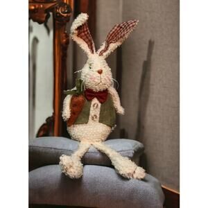 Primitive Sitting Tea-Stained Bunny with Carrot and Green Vest, Weighted Bottom.